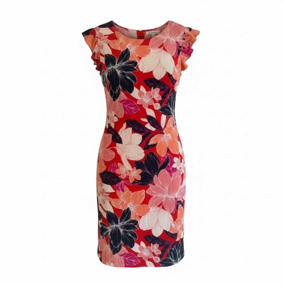 Jessica Howard Red Floral Ruffle Cap Sleeve Sheath Dress Size 12 Tropical Summer